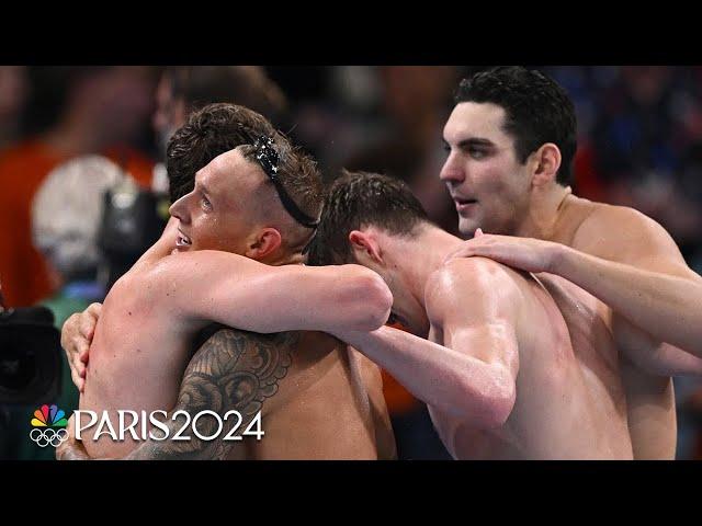 Team USA flourishes for FIRST GOLD MEDAL of 2024 Paris Olympics in 4x100m free relay | NBC Sports