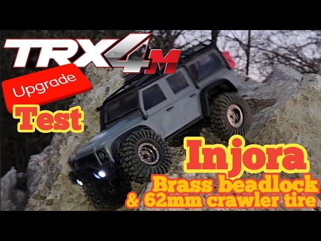 Making the TRX4M better! Injora brass beadlocks with 62mm super sticky rock crawler tires.