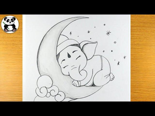 Cute Ganesha sleeping on moon | ganpati bappa drawing