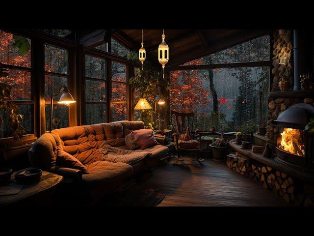 Look outside the autumn forest while it's raining- Cozy wood cabin ambience   Relaxing Rain Sound