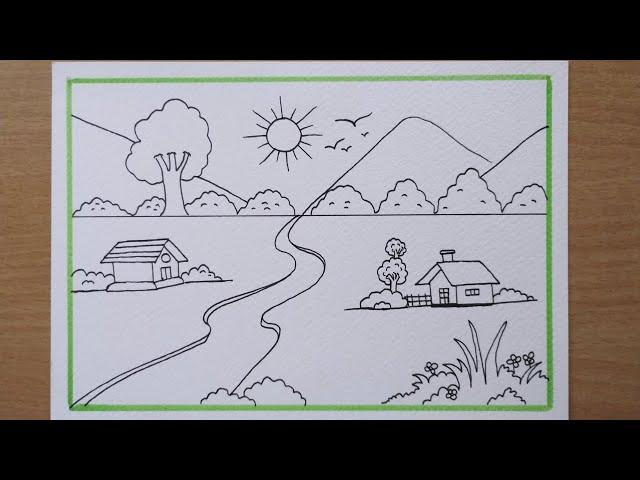 riverside village scenery drawing || easy scenery drawing || landscape drawing