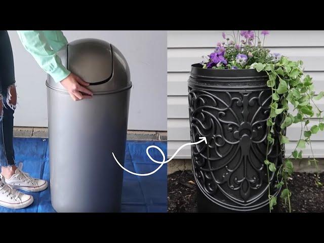 DIY High End Planter | Tie a $9 rug to a $15 trash can for this high end decor idea! | Hometalk