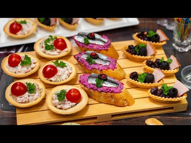 Crusty cranberry boats, delicious salad in cups and garlic baguette snacks