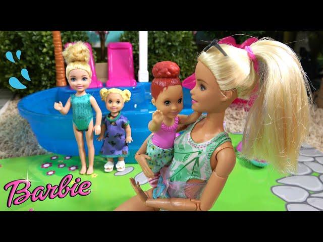 Barbie and Barbie Sister Swim School for Girls at Barbie’s House and Pool, Ken Taking Care of Babies