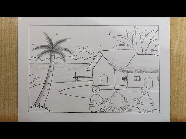 Easy Village scenery drawing| Winter season  Scenery drawing easy| Pencil drawing| Winter Scenery