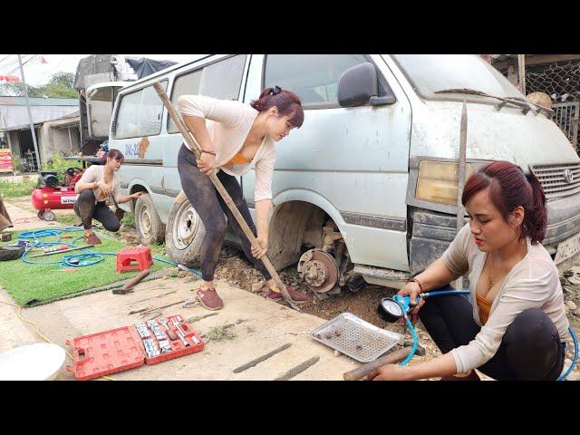 The genius girl repairs and restores a severely damaged old car.