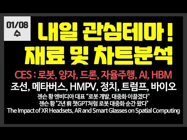 내일 관심테마! CES,로봇,양자,메타버스,드론,자율주행,AI,정치,HMPV /레인보우로보틱스한화오션,제이씨현시스템,MDS테크,한국첨단소재아톤,클로봇,대동기어,이랜시스,엔피,맥스트