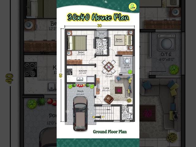 30×40 house plan with car parking, 30 by 40 home plan, 30*40 house design, #floorplan #indianstyle