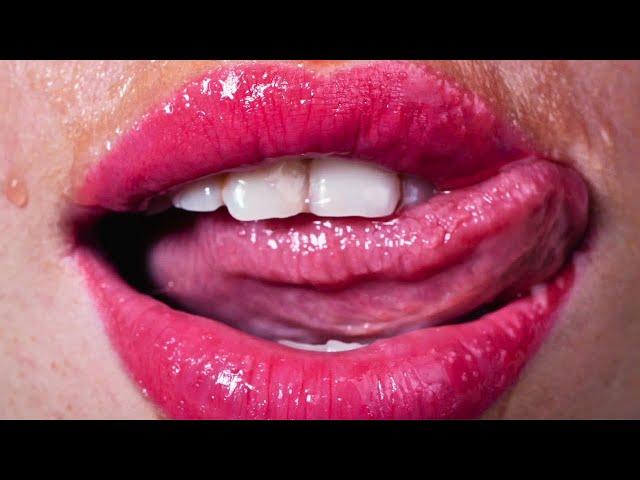 Licking Wet Lips, Tongue and Teeth Closeup | Lips and Tongue Macro Shots - Mouth Play
