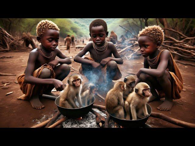 HADZABE  TRIBE HUNTING AND EATING MONKEYS WITH HADZA TRIBE OF