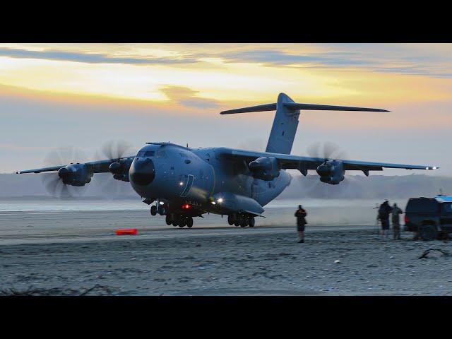 THE MIGHTY AIRBUS A400 WHIPS UP A SANDSTORM ON PEMBREY BEACH - 4K