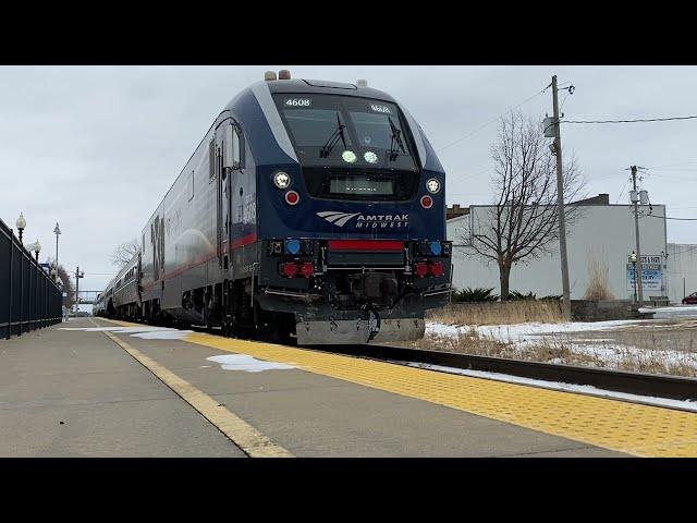 Amtrak’s Missouri River Runner going through fields, stations, and crossings in Missouri.