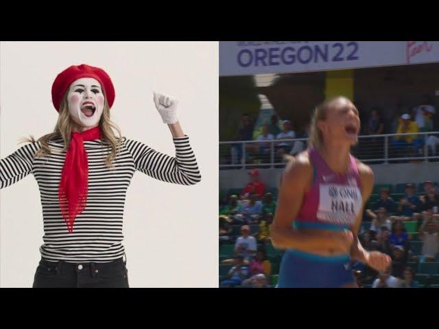 Anna Hall explains the heptathlon with a mime