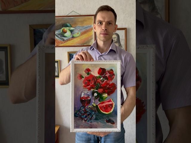 Acrylic artwork. Flowers in red colours