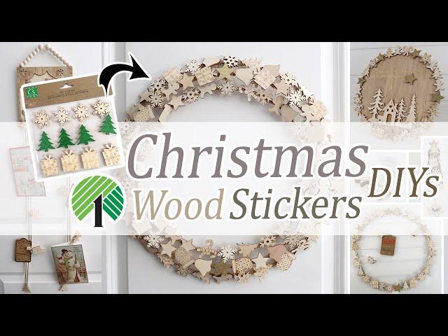 CHRISTMAS WOOD STICKERS DIYS / 18" WOOD WREATH DIY / Super EASY DOLLAR TREE DIYs