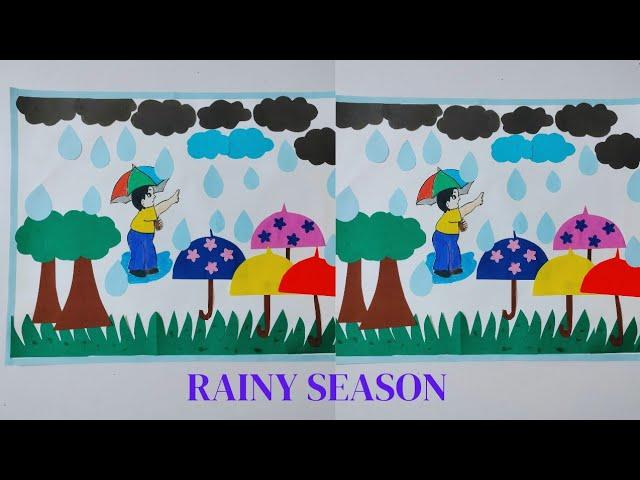 Rainy season project | Rainy season chart | Easy Rainy Day scenery Drawing | Rainy Day Drawing