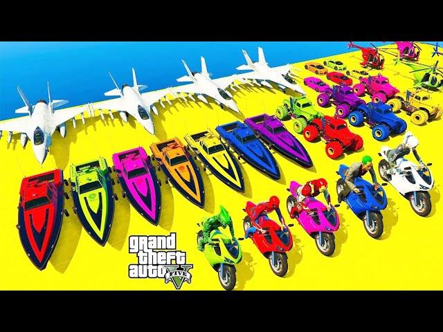 GTA 5 | Spiderman vs Longest Ramp Challenge: Cars Boats Bike Plane Helicopter OffRoad Monster Trucks