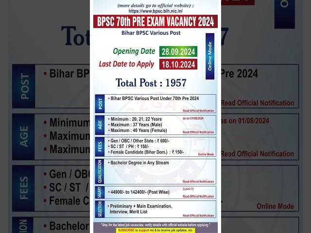 BPSC 70th Notification 2024 | BPSC 70th PRE EXAM VACANCY 2024