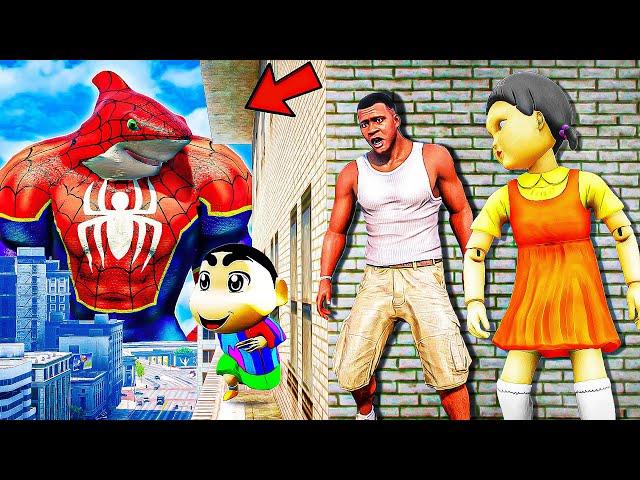 Franklin and Shinchan & Pinchan play HIDE AND KILL with Squid Game Doll In GTA 5