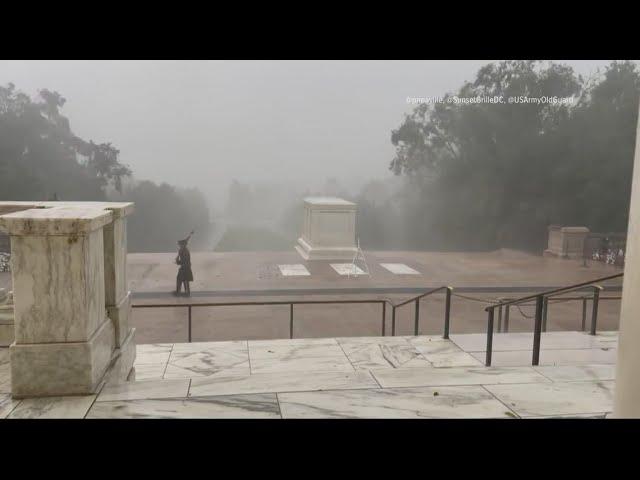 Guard at Tomb of Unknown Soldier at Arlington National Cemetery never leaves post in storm