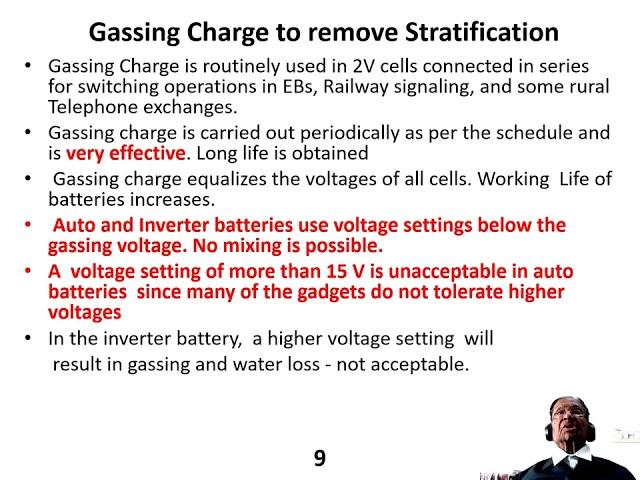 Stratification of acid in Lead battery. Sulphation of bottom part of plates. Two  Recent remedies