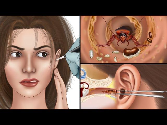 ASMR Cleaning cockroach larvae from middle ear permanently | Treatment animation