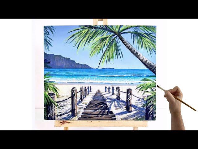 Tropical beach acrylic painting tutorial - How to paint a tropical beach with acrylics