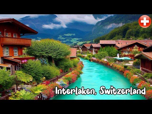 Interlaken, Switzerland, walking in the rain 4K - Most beautiful Swiss towns - Rain Abmbience