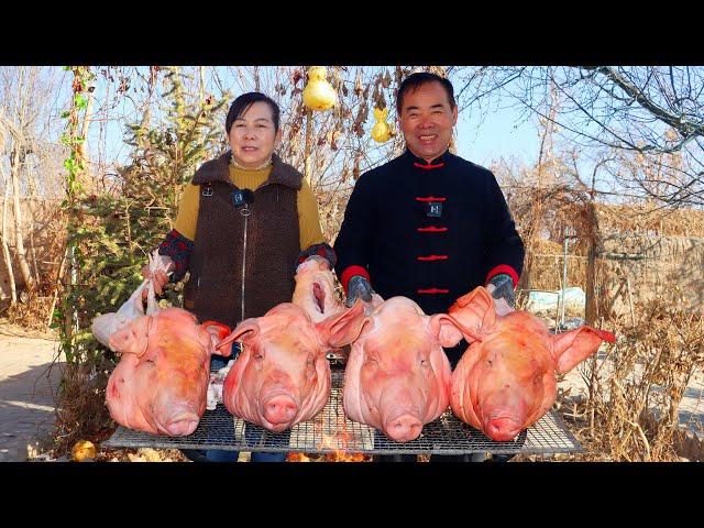 4 HUGE PIG HEADS Pressed in 1 Piece! Cut in fine Slices, Fatty But Not Greasy | Uncle Rural Gourmet