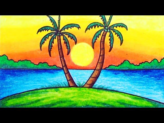 Scenery Drawing | Drawing Sunset Scenery Step by Step with Oil Pastels