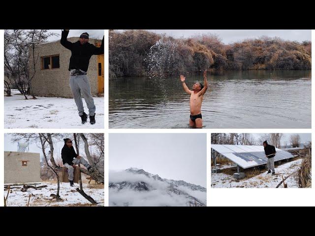 SNOWFALLING TIME COLD WATER LAKE MI SWIMMING CHALLENGE KIYA DONE...