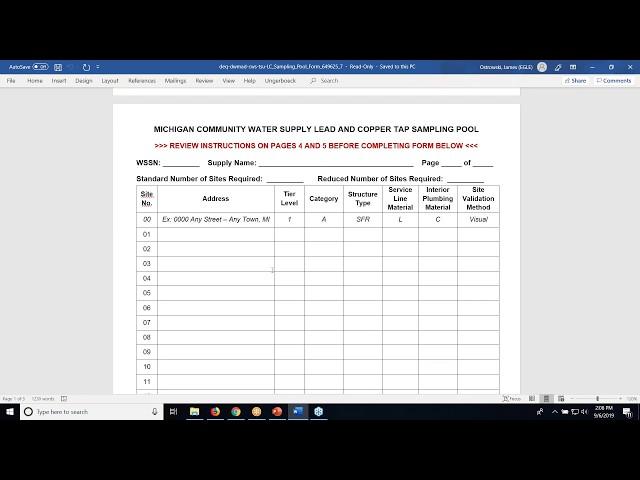 Lead and Copper Sampling Plan Form