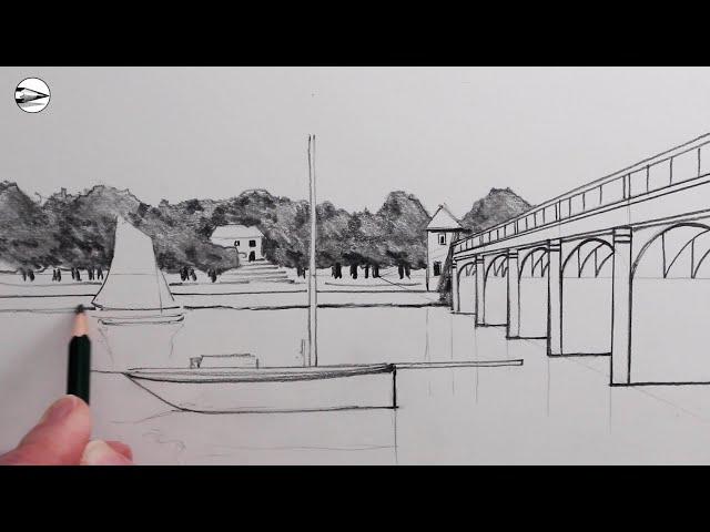 How to Draw a Landscape for Beginners: Bridge and River Pencil Drawing