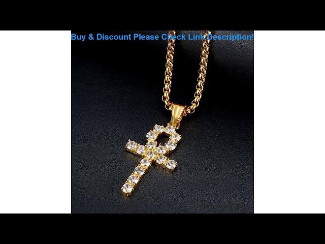 Review Hip Hop Iced Out Ankh Cross Pendant Necklaces Mens Women Egyptian Gold Color Stainless Steel