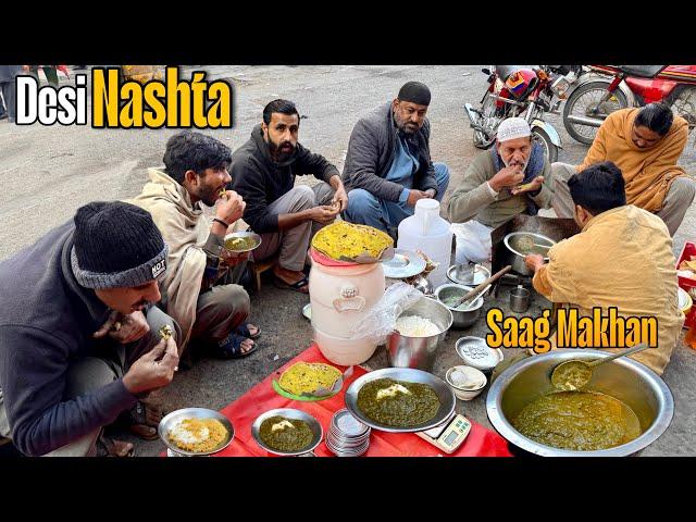 DESI PUNJABI BREAKFAST WITH TRADITIONAL TWIST | HAMMAD SAAG MAKHAN MISSI ROTI DESI NASHTA FAISLABAD