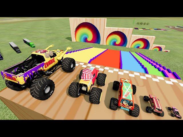 Big & Small Monster Trucks Jumping Through Giant Portal & Stairs Color Racing Jumps and Crashes