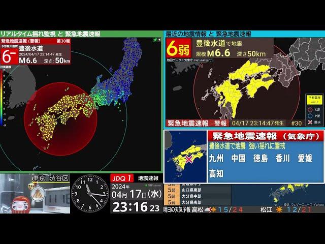 【強い地震】豊後水道　震度６弱　M6.4（2024/4/17 23:14ごろ　切り抜きアーカイブ）