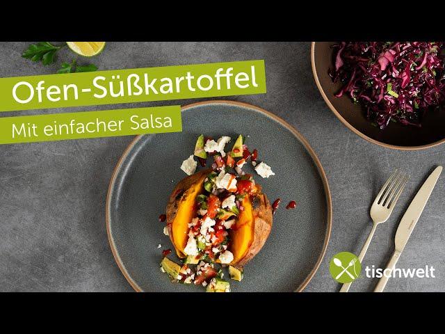 Süßkartoffeln aus dem Ofen mit Avocado-Tomaten-Salsa | Einfaches und köstliches Rezept!