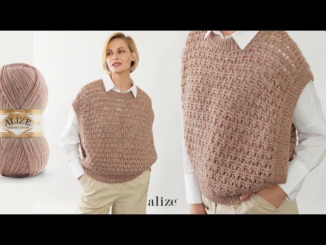 Knit Weave Stitch Sweater with Alize Angora Gold