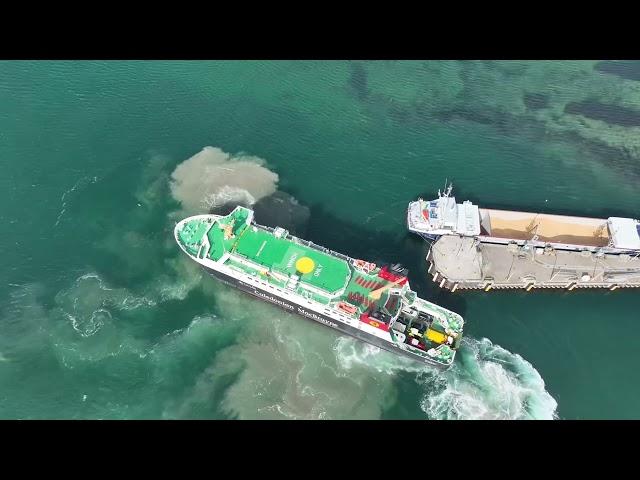 Islay Scotland 4K drone footage MV finlaggan berthing in Port Ellen