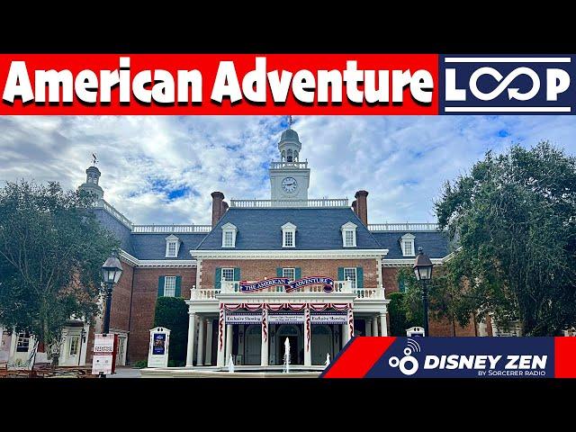Relaxing View of The American Adventure Pavilion at Epcot with area Music Loop [4k]