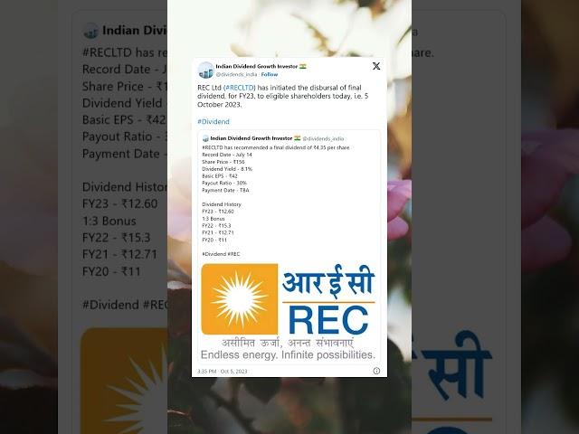 REC Ltd final dividend credited in bank accounts of shareholders. #Dividend #Shorts