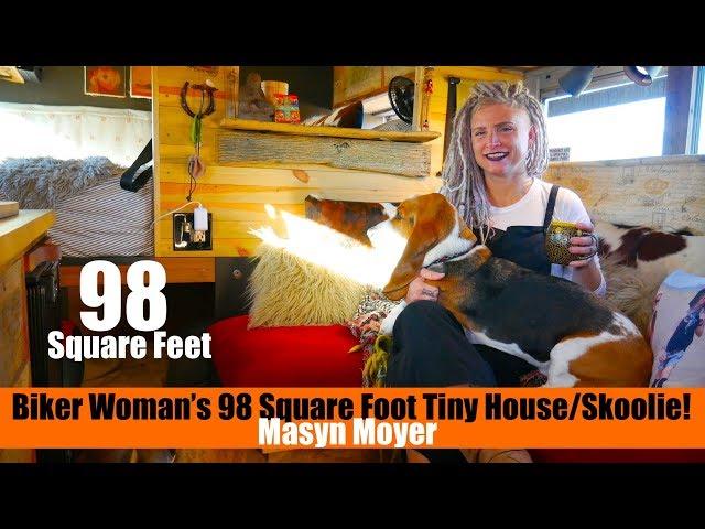 Biker Woman's Skoolie Life in 98 Square Feet! (tiny house bus)