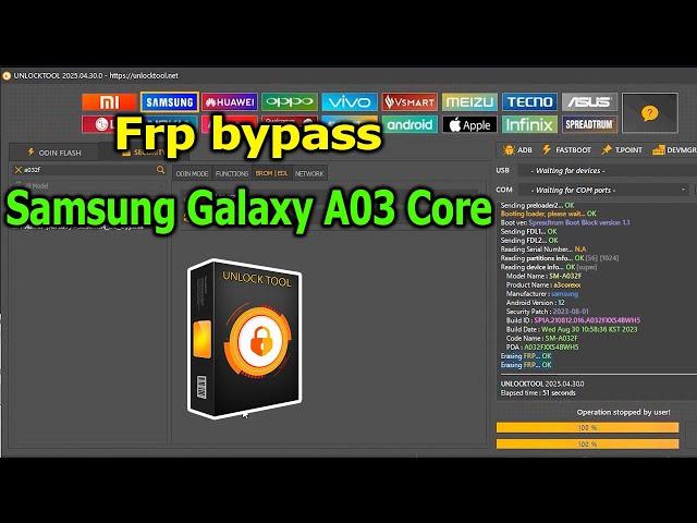 FRP Bypass Google Account Lock Samsung Galaxy A03 Core android 12 with UnlockTool