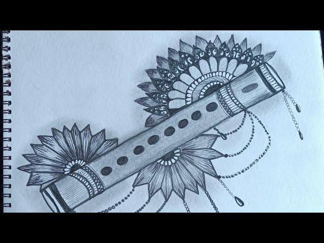 How to Draw sri krishna flute with flowers|||Drawing|||Scetch|||Art