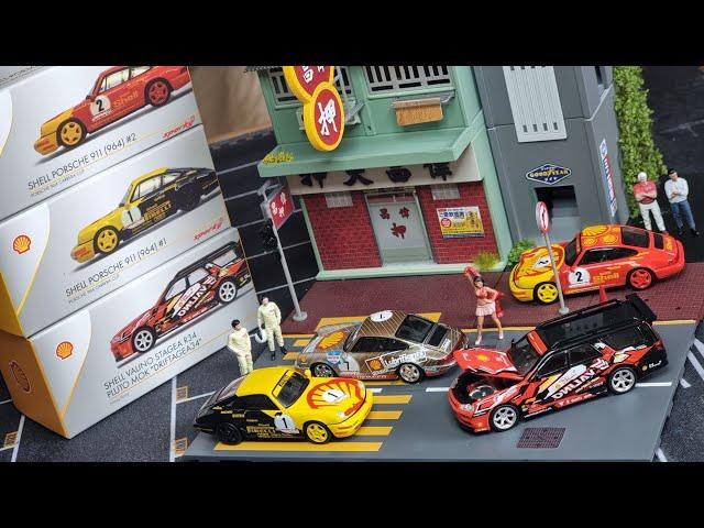 Good Diecast Brand collab! HK Tiny, Sparky, Poprace Shell Porsches and Nissan gtr. Diecast cars.