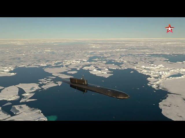 Somewhere in the Arctic Ocean. The Knyaz Vladimir Borei A-class nuclear submarine of project 955A.