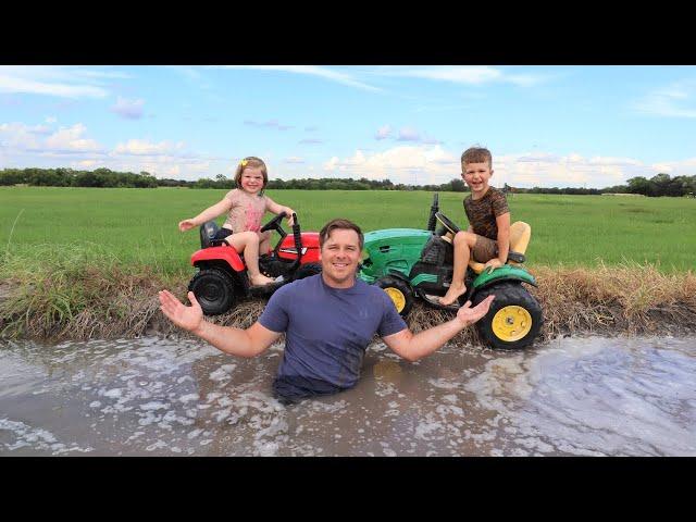 Playing in the mud and watering hay with kids tractors | Tractors for kids