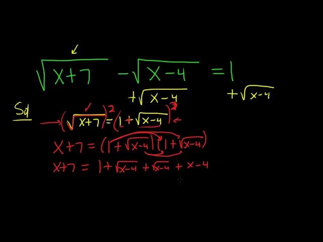 Solve the equation sqrt(x + 7) - sqrt(x - 4) = 1