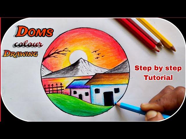 How to Draw a Sunset Landscape in a Circle || A Beautiful and Easy Drawing Tutorial